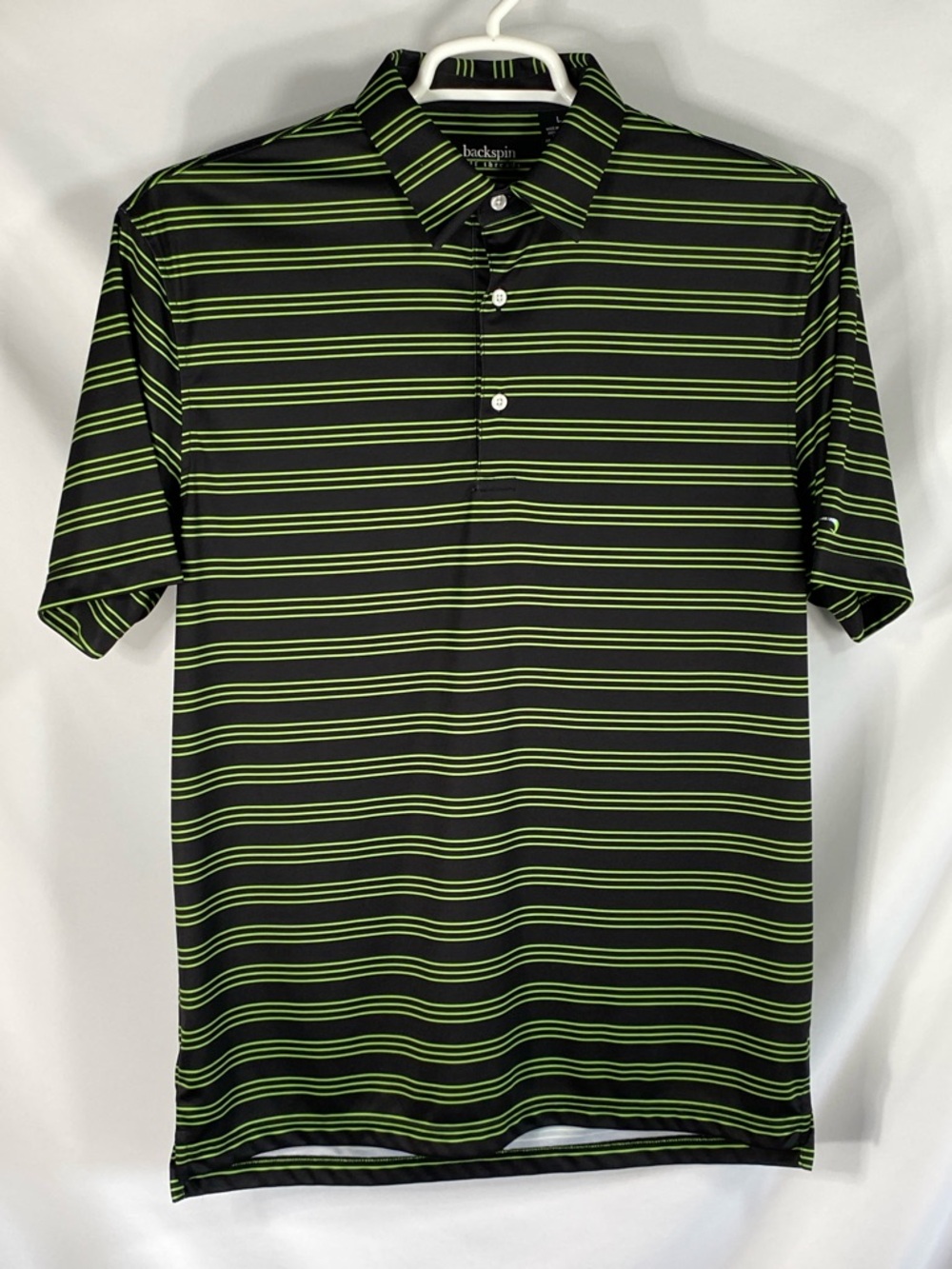 Men's Black Polo with Neon Green Stripes Size Large